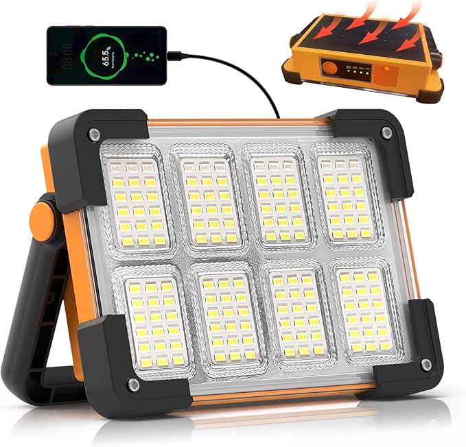 120W Solar Rechargeable Work Light, 144 LED 10000LM Led Work Light with 4 Modes, Portable Flood