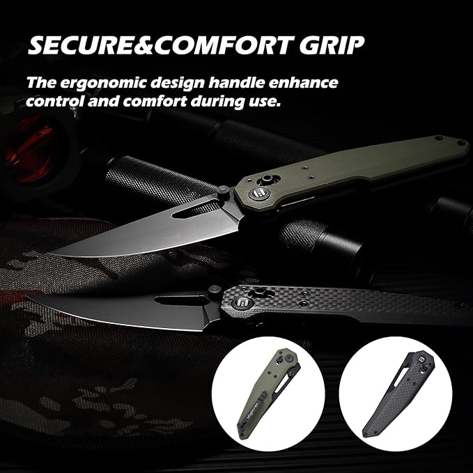 Hightron Sharplyn Folding Knife, 3.6" 14C28N Steel Blade with Black PVD OD Green G10 Handle Pocket