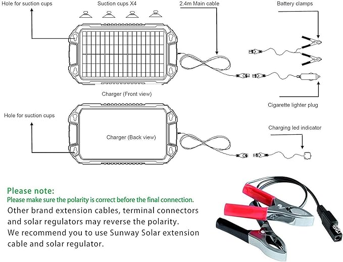 Sunway Solar Car Battery Trickle Charger & Maintainer 12Volt 8W Solar Panel Power Charger kit