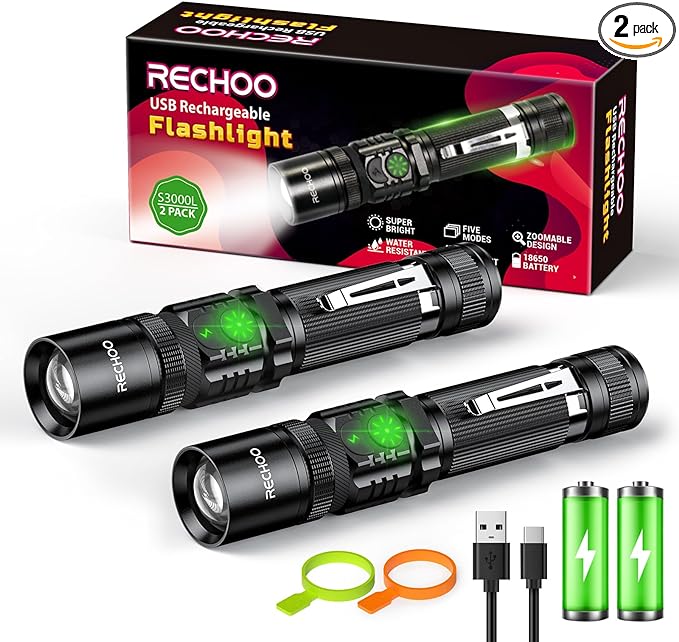 Rechargeable Flashlights 2 Pack, RECHOO High Lumens LED Tactical Flashlight with Double Switch
