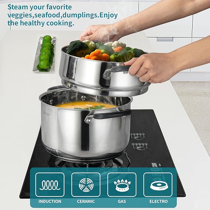 6 Quart Stainless Steel Stock Pot with Steamer,6 Qt Multipurpose Stockpot with Stay-cool silicone