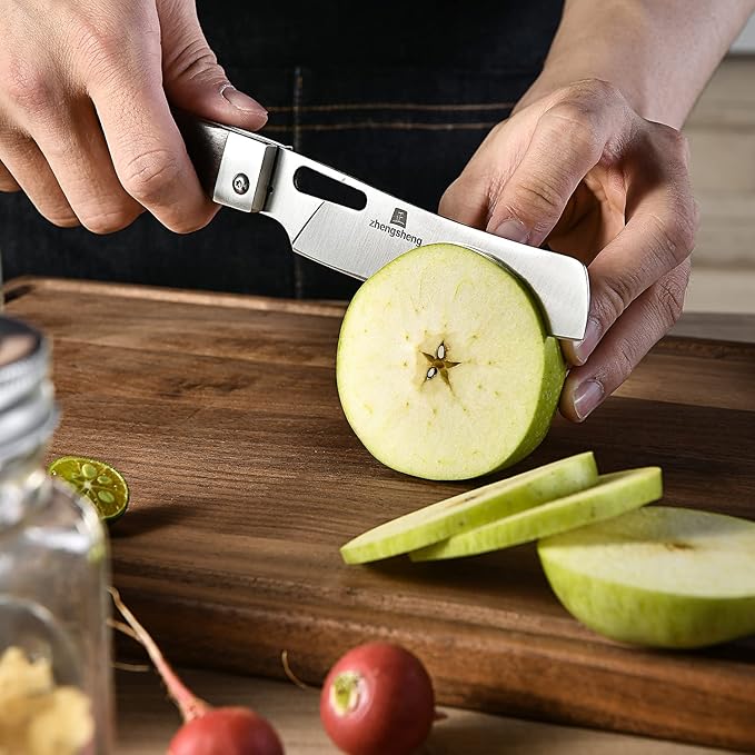 Folding Chef Knife with Nylon Pouch 4.8" Sharp 440A Stainless Steel Blade Wooden Handle Pocket