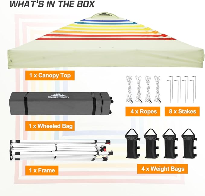 EAGLE PEAK Pop Up Canopy Tent with Wheeled Carry Bag, 8 Stakes, 4 Ropes, 4 Weight Bags, Easy Set Up