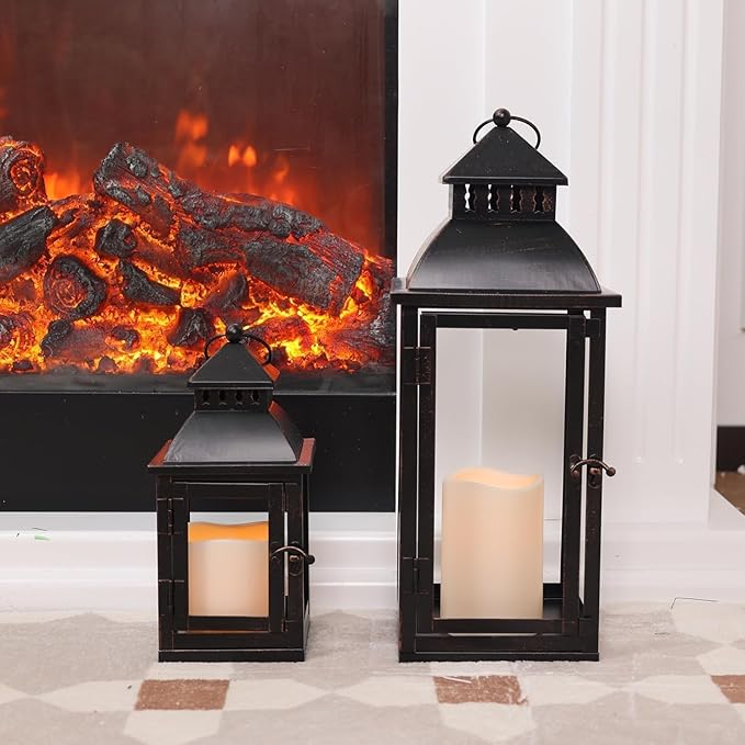DECORKEY LED Lanterns Decorative Outdoor&Indoor, Set of 2 (17’’&11’’) Large Black Metal Lantern