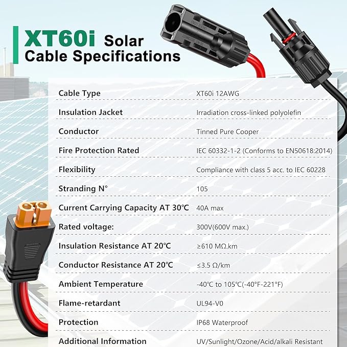 Oududianzi 12AWG XT60i Solar Cable 20FT, Solar to XT60i Cable 3 10 15 25 30 40 50FT, Charging