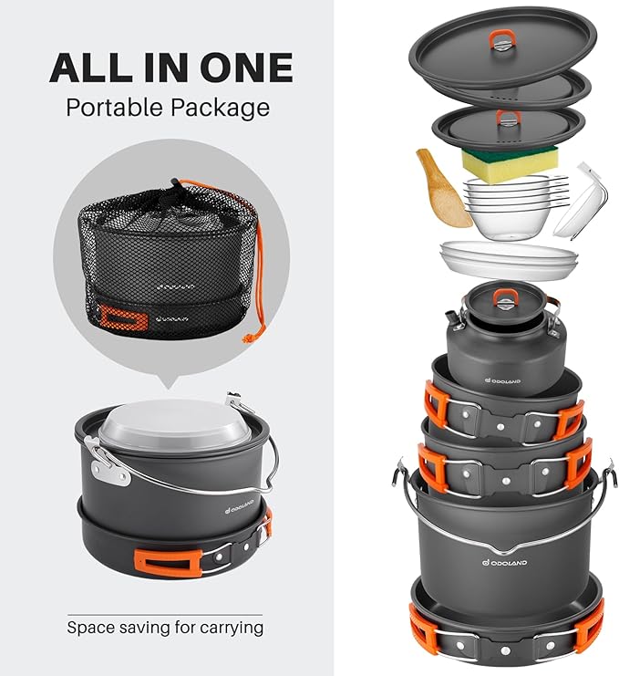 Odoland 18pcs Camping Cookware Large Size Hanging Pot Pan Kettle Set with Plastic Plates Bowls Soup