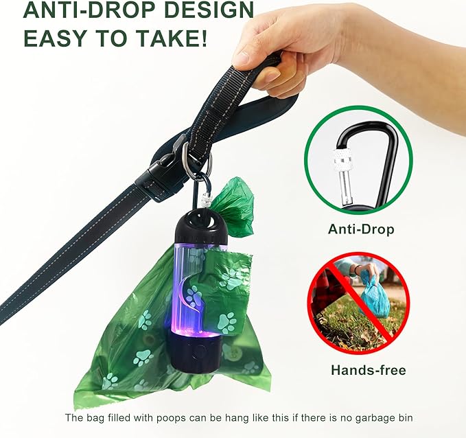 3-in-1 Dog Poop Bag Holder with Flashlight 7-Color, USB-C Rechargeable doggie bag holder for leash