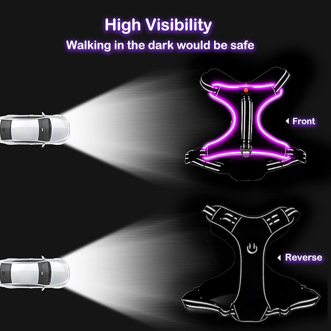 Light Up Dog Harness, No Pull LED Dog Harness with Handle, Rechargeable Lighted Safety Vest for