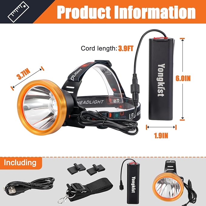 Super Bright Headlamp Rechargeable LED Headlight with Battery, High Power Waterproof Spotlight