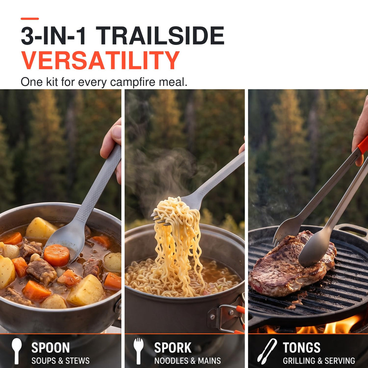 DAWN DEER 3-in-1 Titanium Camping Spoon and Spork Set, 6.3-Inch