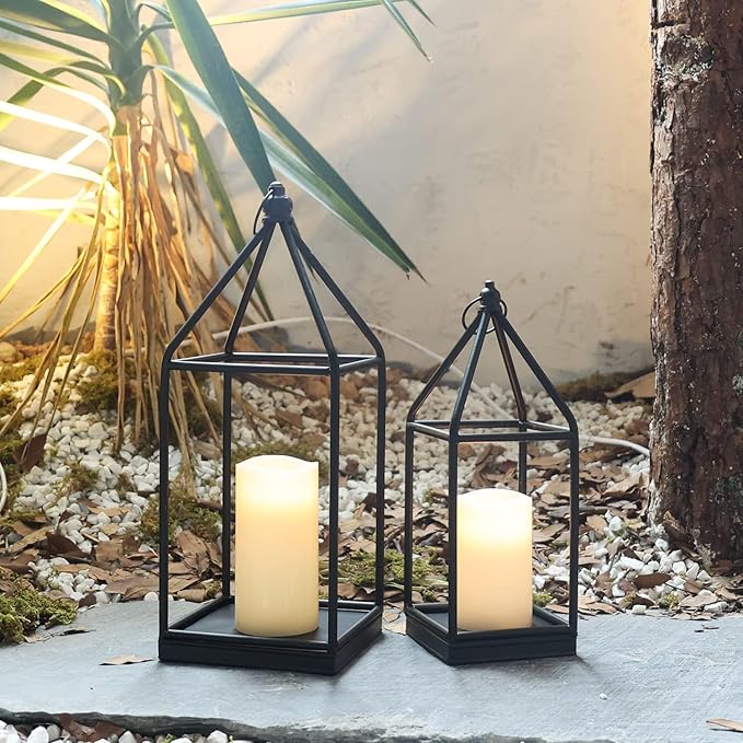 DECORKEY Luxury Lantern Decorative Outdoor&Indoor, Set of 2 (18’’&14’’) Black Metal Lanterns Decor
