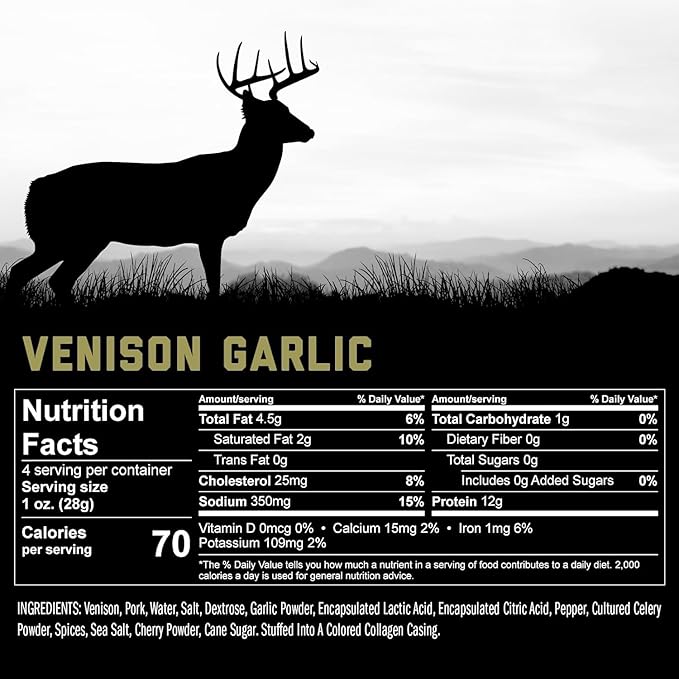 ICON Meats Venison and Pork Snack Sticks - Garlic Flavor - 6 Packs Per Box, 4 Sticks Per Pack, All