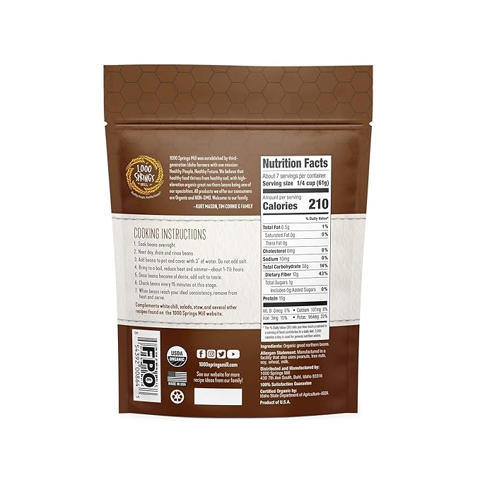 1000 SPRINGS MILL - Organic Great Northern Beans - Used for Salads, Soups, Stews, Casseroles