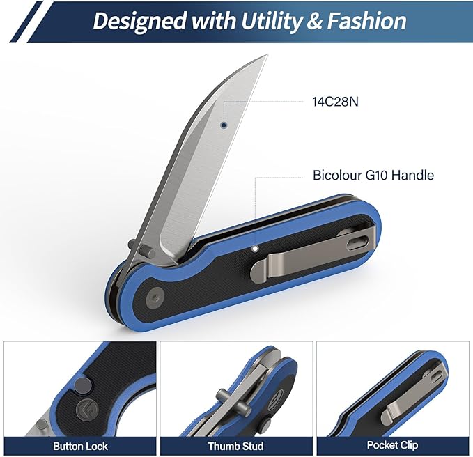 FINTISO Pocket Knife, 3" 14C28N Blade EDC Knife with G10 Handle, Folding Knife with Pocket Clip for