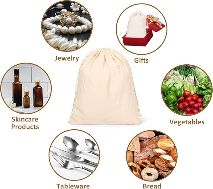 10PCS Cotton Storage Bags with Drawstrings, X-Large 14x17inch Multipurpose Canvas Fabric Bread