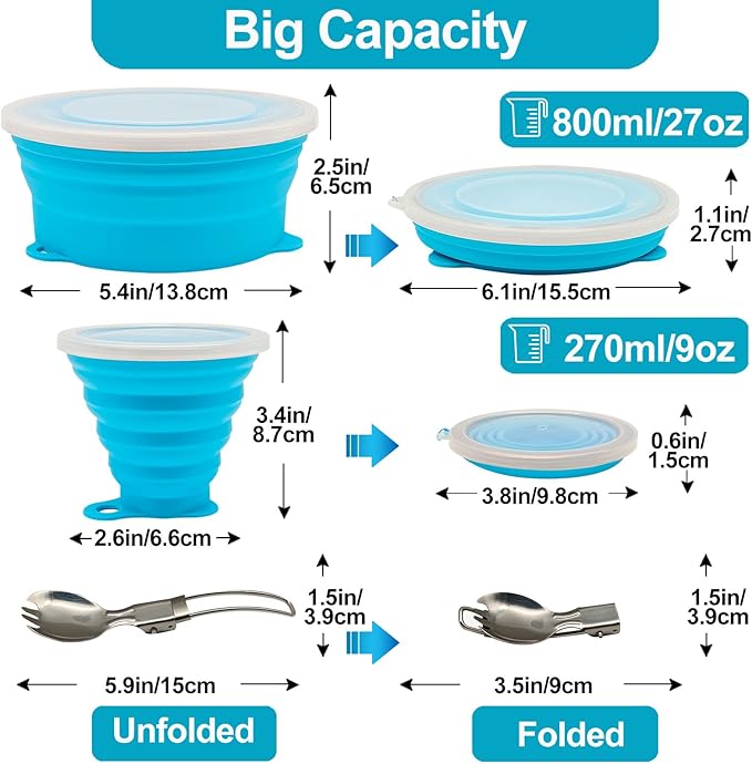 Mess Kit for Camping Silicone Collapsible Bowl Collapsible Cup and Stainless Steel Spoon for