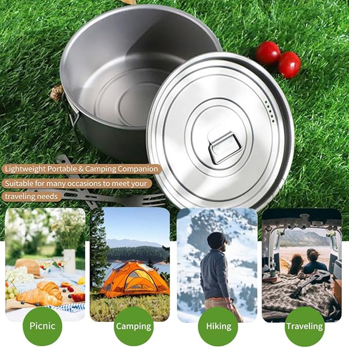 BY-J 3 Piece-Set, Outdoor Titanium Frying Pan & Pot with Lid Folding Handle Camping Hanging
