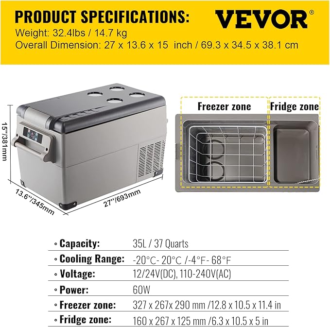 VEVOR CF35 Portable 37 Quart(35 Liter) 12 Volt App Control(-4℉~68℉), Car Refrigerator Dual Zone