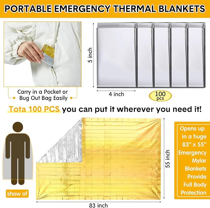 100 Pack Emergency Foil Thermal Blanket Bulk 83 x 55'' Waterproof Space First Aid Survival Blanket