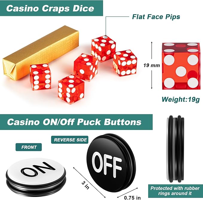 Leyndo Craps Tabletop Game Set, Includes 48"x11" Rubber Craps Diamond Pyramid Bumper, Casino Grade