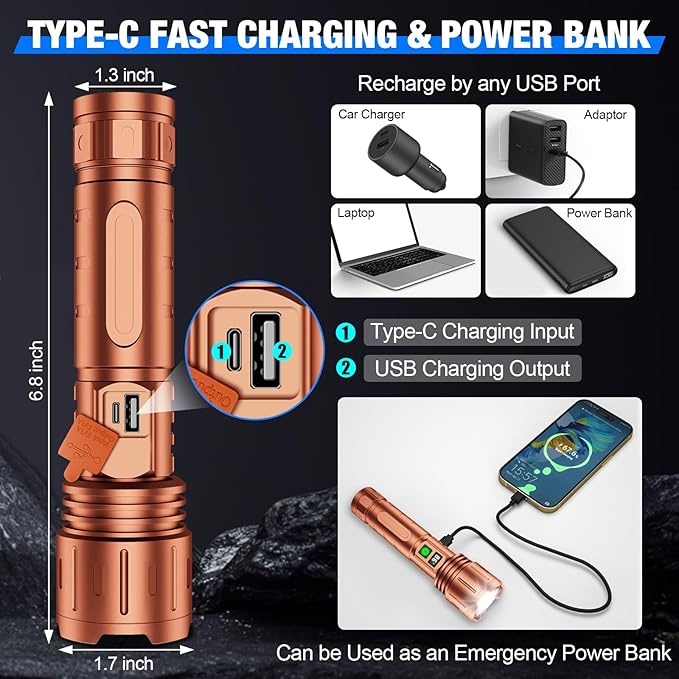Flashlights High Lumens Rechargeable, Super Bright LED Powerful Flashlight, Type-C, 5 Modes