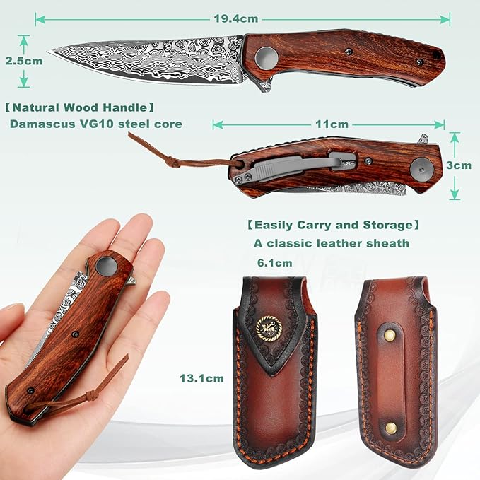Benkey Damascus Folding Knife with Clip Leather Sheath Camping Knife EDC, Sharp Damascus Pocket