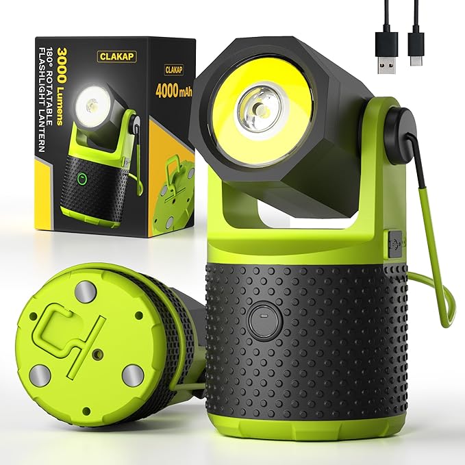 CLAKAP LED Camping Lantern, 3000Lumens Rechargeable 180°Rotatable Flashlight Lantern, Portable