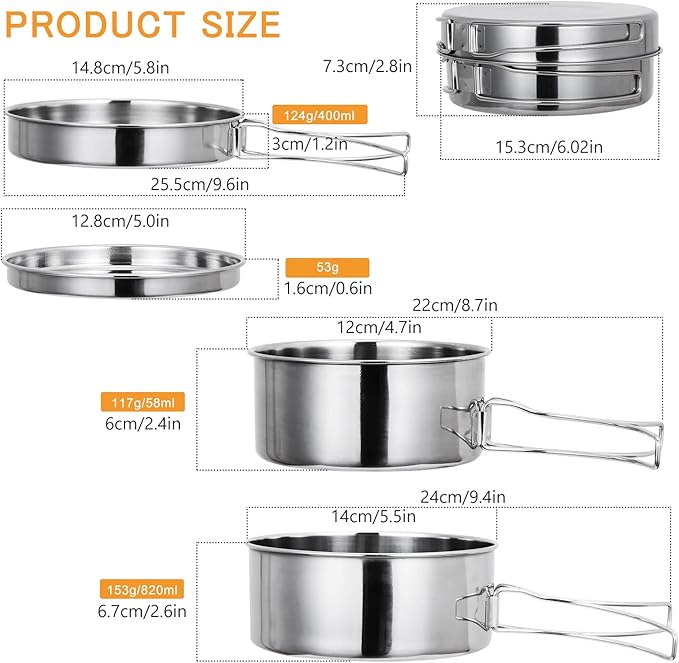 Lixada Camping Cookware Set, 4PCS Portable Stainless Steel Camp Cook Set, Lightweight Stackable