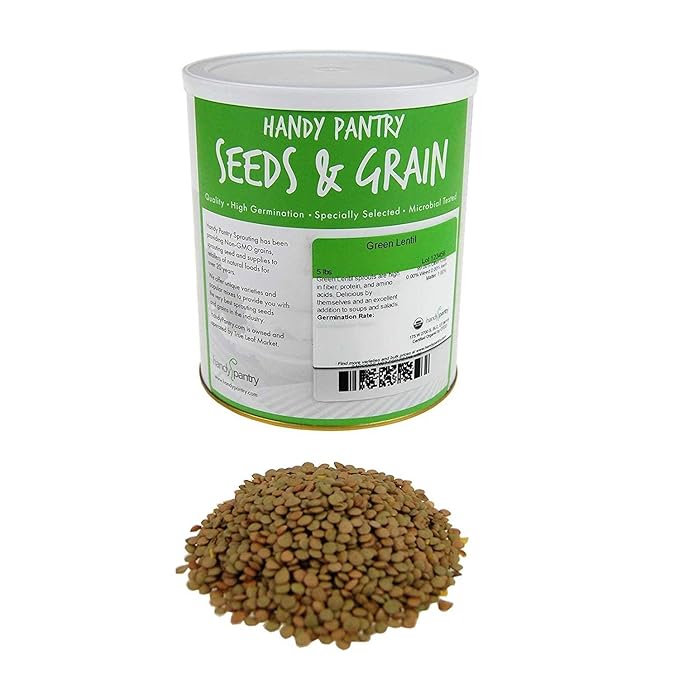 Organic Green Lentil Sprouting Seeds - 5 Lbs - Resealable Can - Handy Pantry Brand - Sprouts