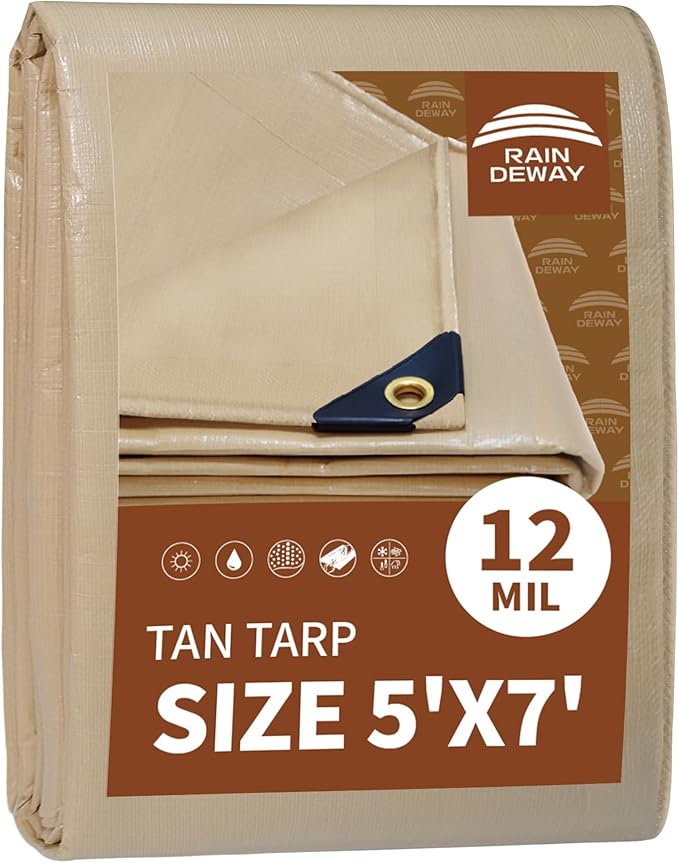 RAINDEWAY 5x7 Feet Heavy Duty 12 Mil Tan Poly Tarp Cover,UV Resistant,Weatherproof,Durable,Multipurp