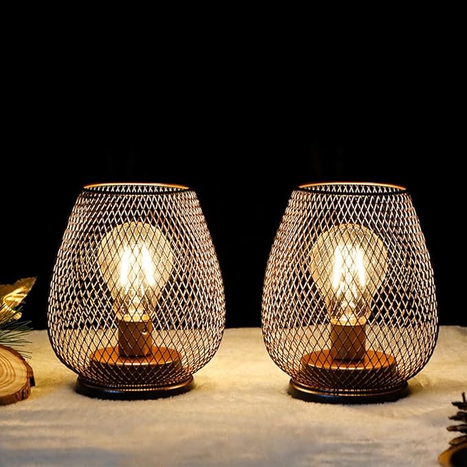 TRIROCKS Set of 4 Battery Operated Lamp LED Table Lantern, Metal Cage Cordless Lamps with LED