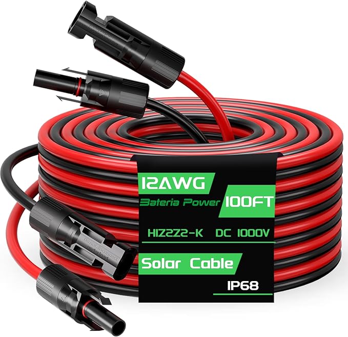 100FT 12AWG Solar Panel Extension Cable, Bateria Power 12 Gauge 4mm² PV Wire with Female & Male