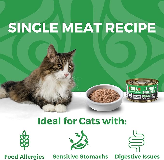 KOHA Limited Ingredient Diet Turkey Pate for Cats - Single Meat Wet Cat Food for Sensitive Stomachs