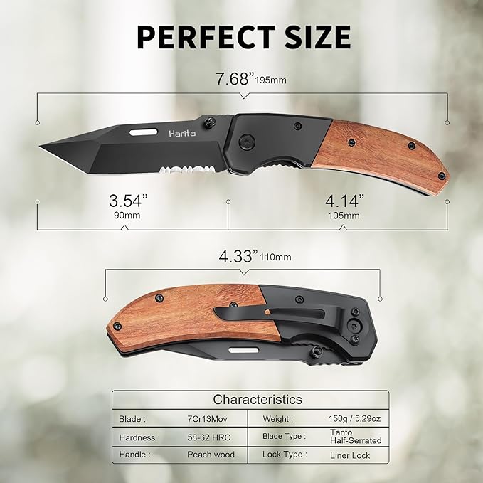 Pocket Knife for Men, Folding Knife with Pocket Clip, Wood Handle EDC for Women with 3.4″ Black