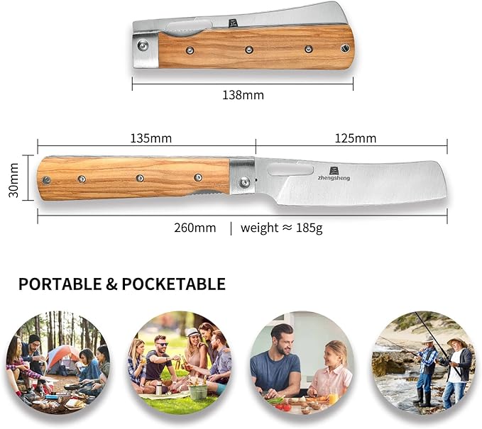 Folding Chef Knife 4.8” Ultra Sharp 440A Stainless Steel Blade Natural Olive Handle Pocket Foldable