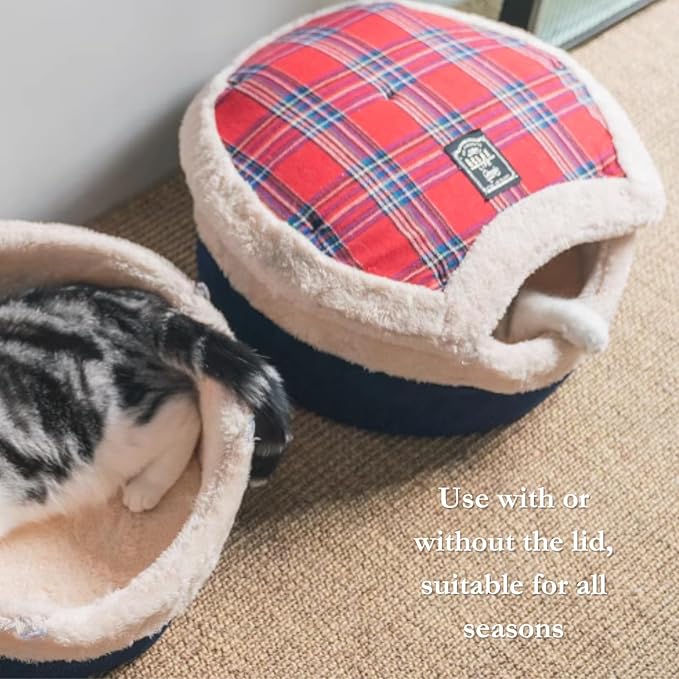 Cat Cave Bed ??Plush, Warm & Calming Hideaway with Detachable Lid & Mat, Covered House for Indoor