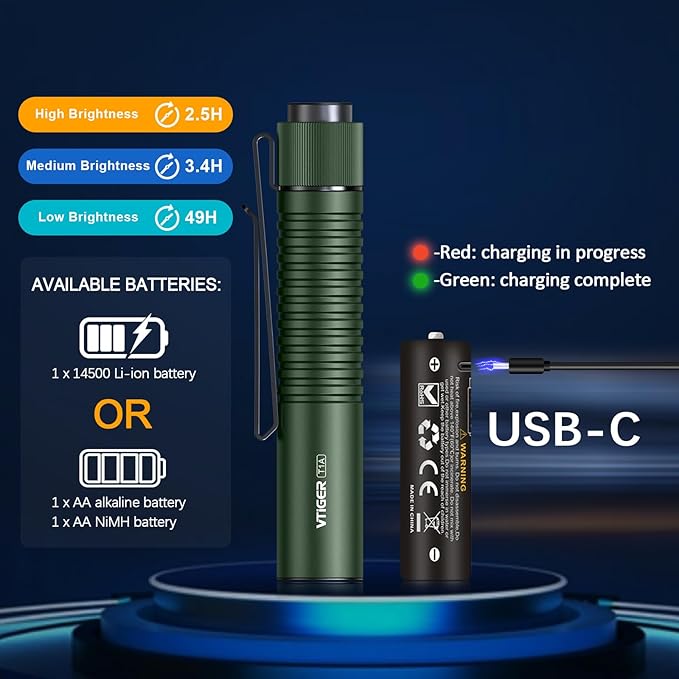VTIGER T1A Mini Pocket EDC Flashlight with Clip,1300 Lumen Compact AA Rechargeable LED Little
