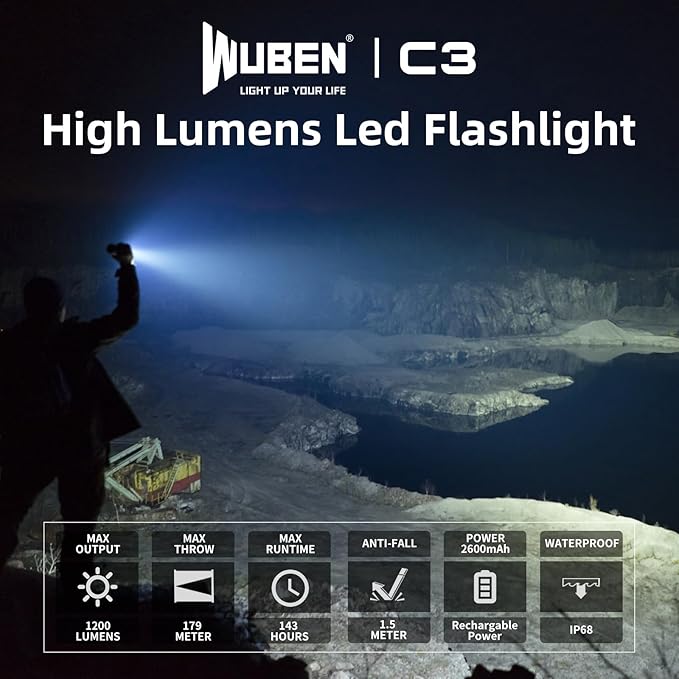WUBEN C3 Rechargeable Flashlight 1200 High Lumens Super Bright, LED Tactical Flashlights, Powered