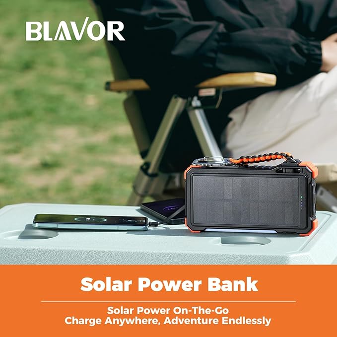 BLAVOR Solar Power Bank 20000mAh/74000mWh Built-in Cables, Wireless Charger for Apple Watch, 20W