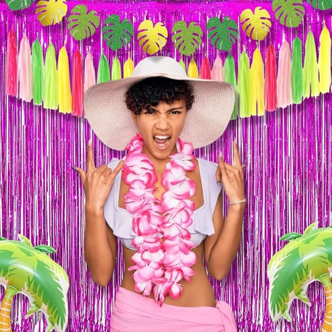 BRAVESHINE Hot Pink Tinsel Foil Fringe Curtains - 2Pcs 3.2x8.2ft Metallic Party Streamers Backdrop