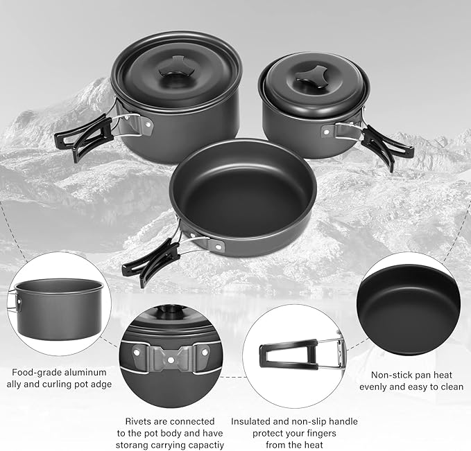 Lixada 10pcs Camping Cookware Mess Kit, Non-Stick Lightweight Stackable Pot Pan Bowls Camping
