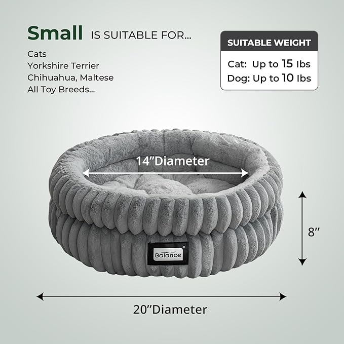 BALANCE Cat Bed Kitten Bed, Washable Round Cat Beds for Indoor Cats, Super Soft Plush Faux Fur Pet