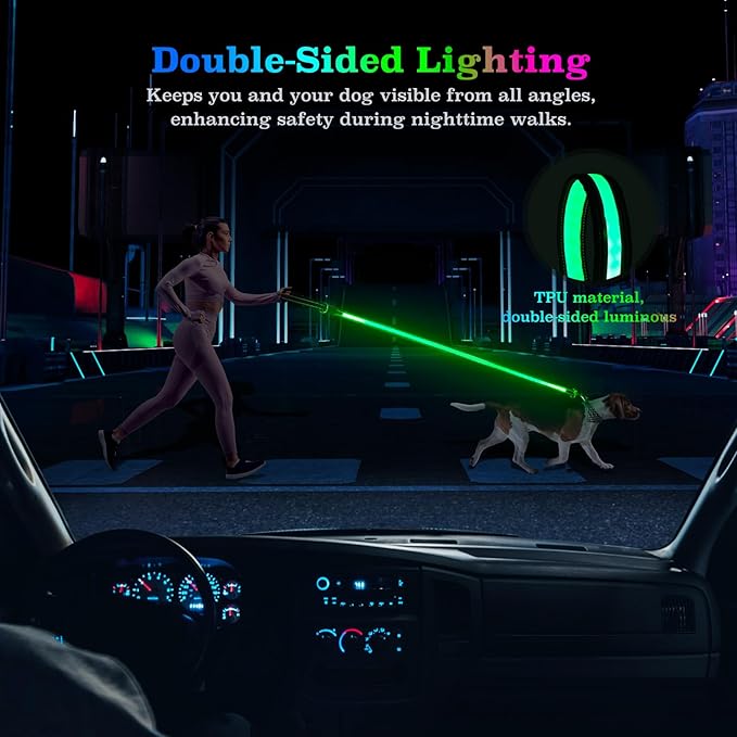 4 Ft LED Dog Leash, Light Up & Lighted Dog Leash, 7 Lighting Modes, Glow in The Dark, Reflective