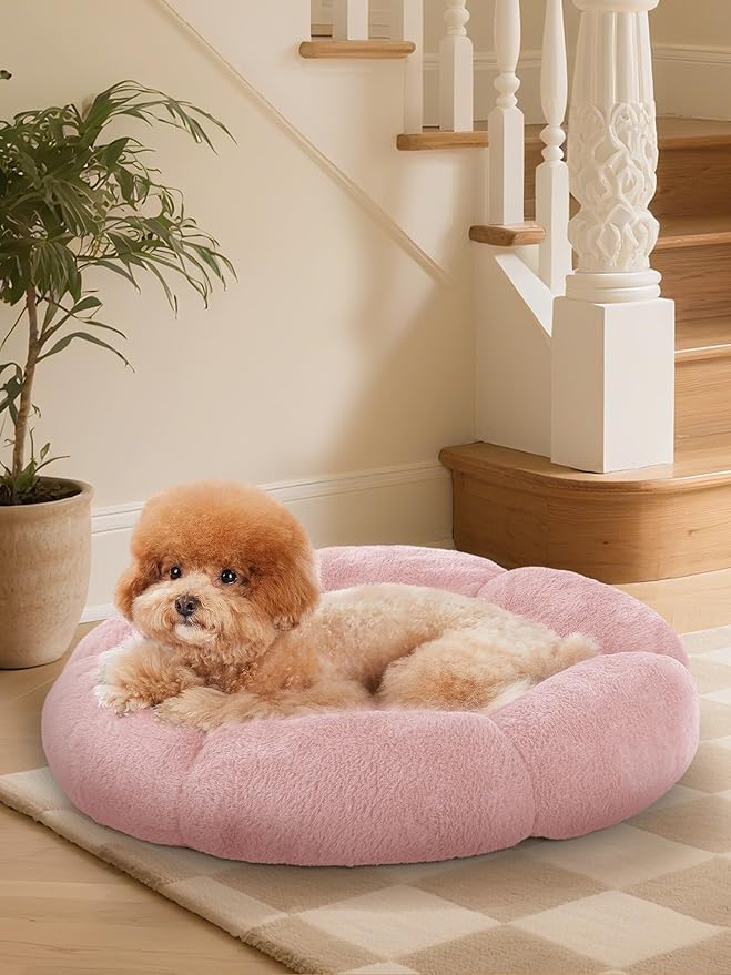 OhGeni 24 inches Calming Donut Dog & Cat Bed for Small Pets, Warming Comfort Fluffy Short Pile Fur