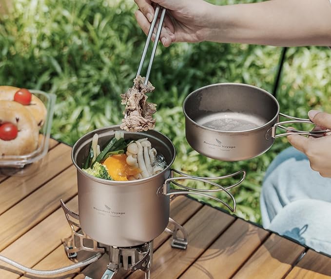 iBasingo Backpacking Cookset Titanium Camping Pots Set Ultralight Outdoor Picnic Pots Pans with