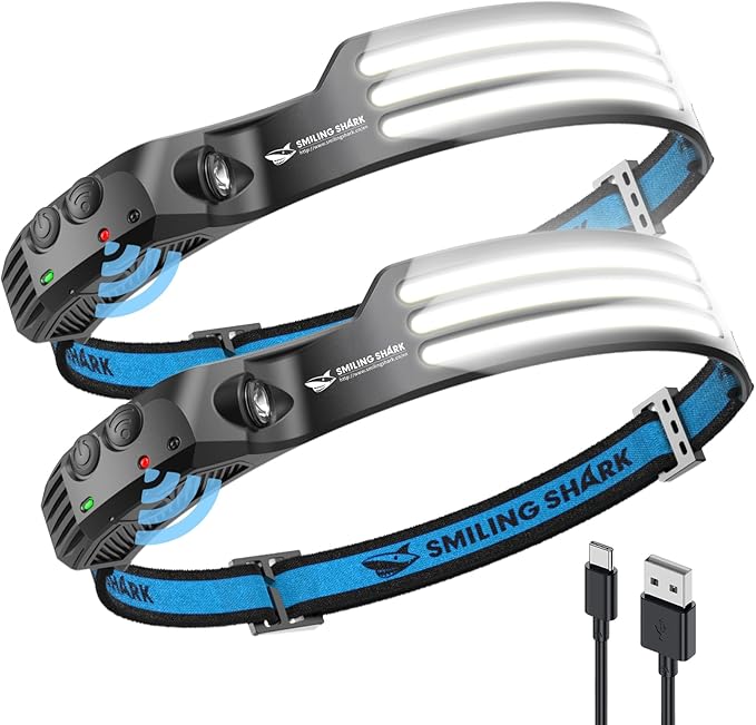Smiling Shark LED Headlamp, 230°Wide Angle 3*White Light 2 Pack The Brightest Head Lamp