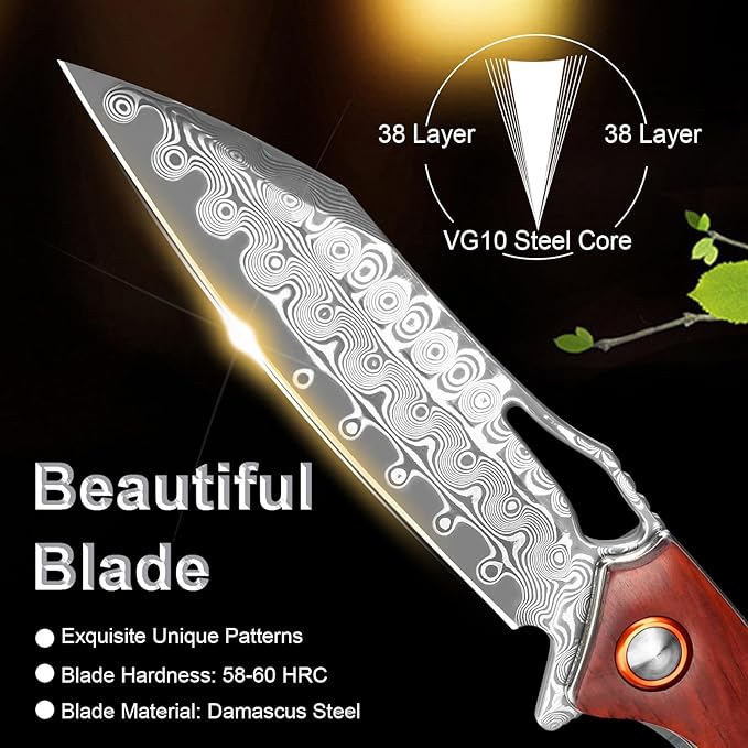 Damascus Pocket Knife 3.5" Damascus Steel Blade Foldable Knives with Wooden Handle EDC Camping