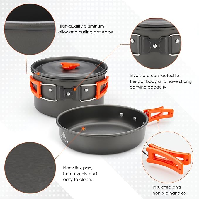 17pcs Camping Cookware Kit, 0.45Gal Pot, 7inches Pan,0.30Gal Kettle Set with 2 Set Stainless Steel