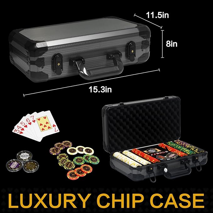 13.5 Gram Clay Poker Chip Set Texas Hold'em Casino Chips 2 Decks of Cards, Aluminum Case Dealer