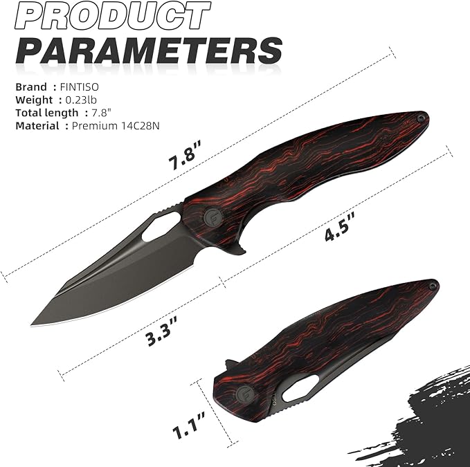 FINTISO Apollo Pocket Knife, 3.3" 14C28N Blade Damascus Pattern G10 Handle Folding Knife with Liner